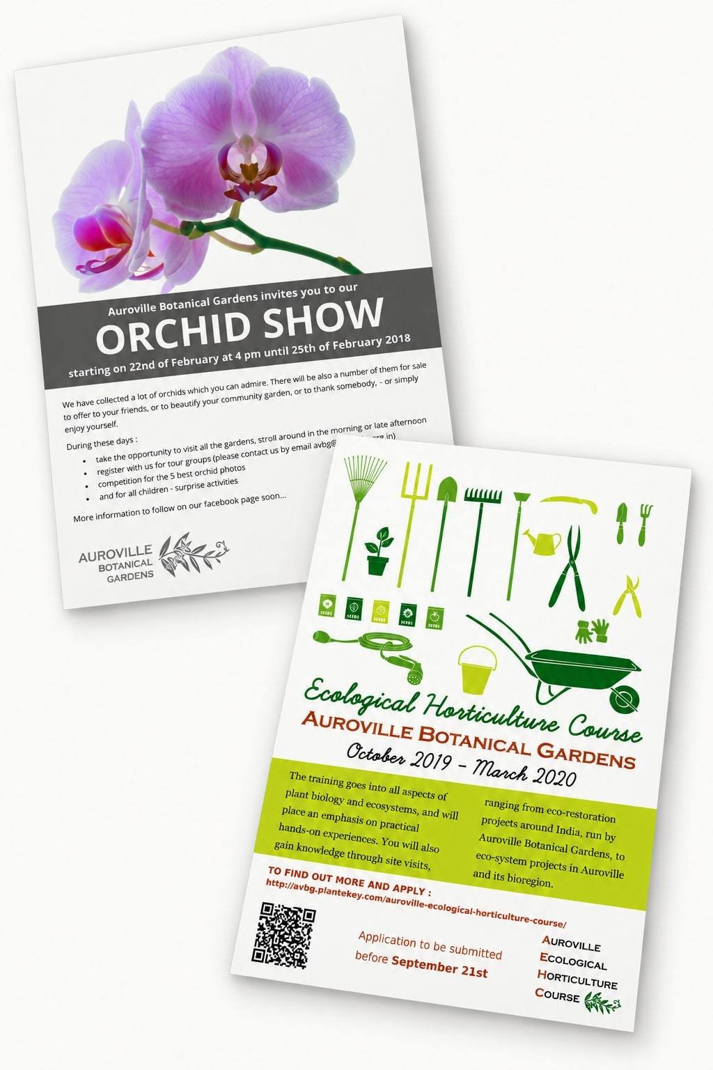Deux flyers pour Auroville Botanical Gardens, l'un pour une exposition d'orchidées, l'autre pour un cours d'horticulture écologique